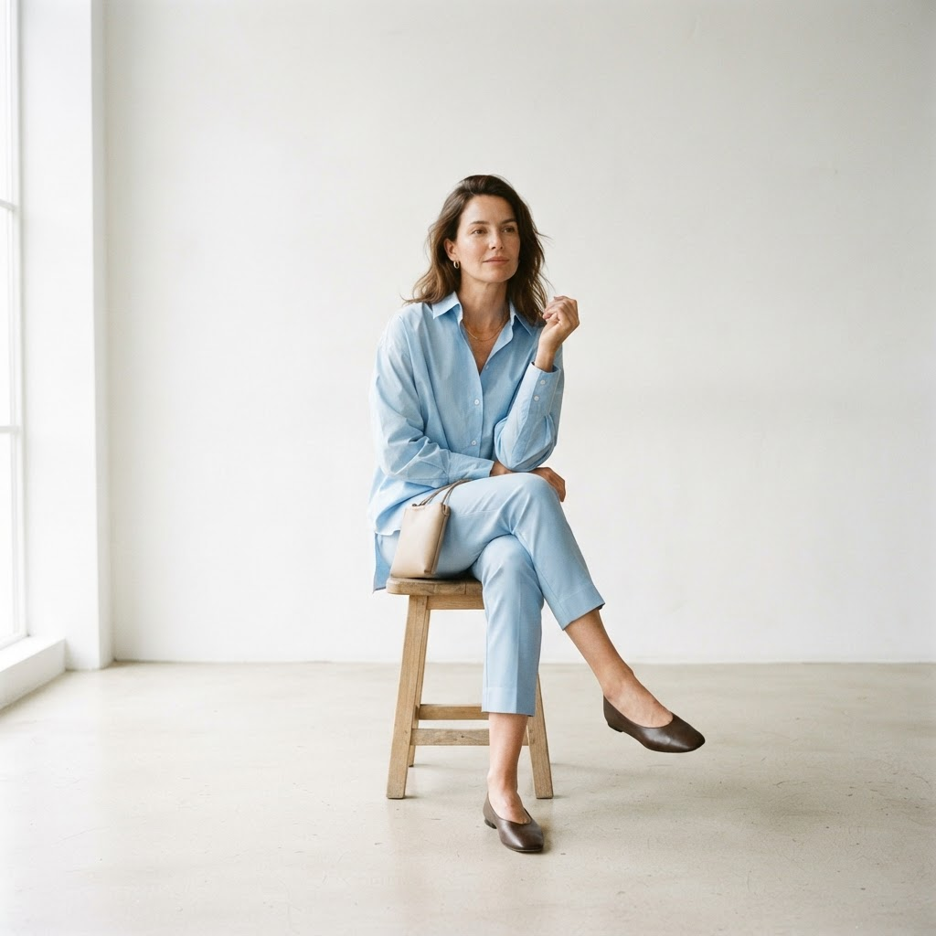 A woman in an elegant, easy and timeless O·Sur look